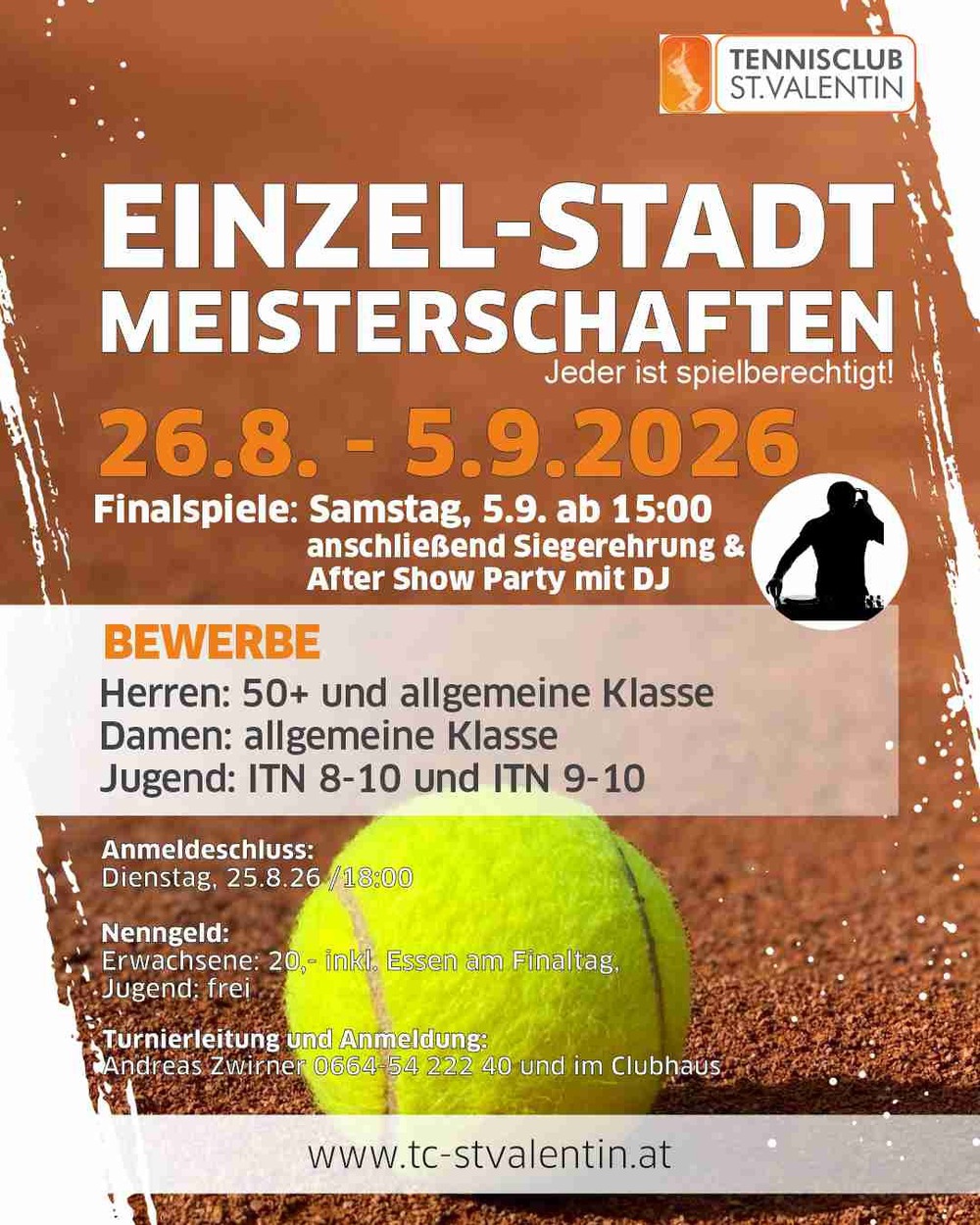 +++ Tennis-Einzelstadtmeisterschaften 2026 beim TC St. Valentin: Jetzt anmelden! +++